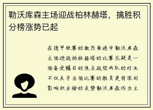 勒沃库森主场迎战柏林赫塔，擒胜积分榜涨势已起