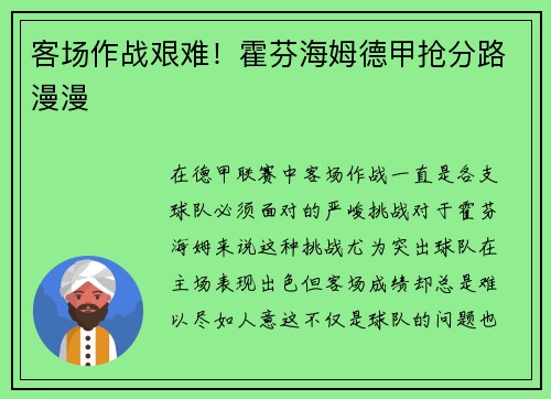 客场作战艰难！霍芬海姆德甲抢分路漫漫
