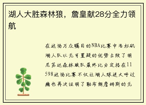 湖人大胜森林狼，詹皇献28分全力领航